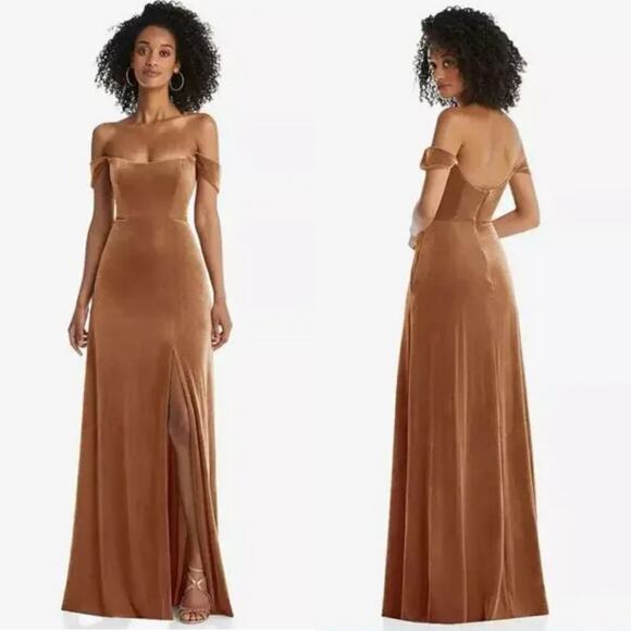 After Six Women's Golden Almond Brown Velvet Off Shoulder Maxi Dress Size 10 - Picture 1 of 14